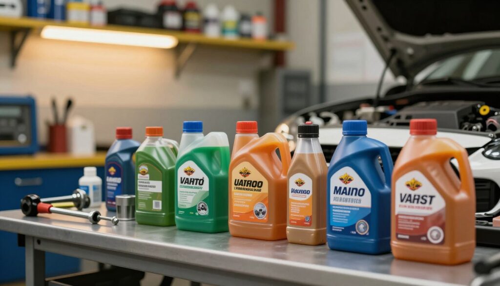 A detailed arrangement of various types of coolant preparations showcased on a mechanic's workbench. In the foreground, display colorful bottles of coolant labeled for different car types, emphasizing variety in color and design (green, orange, blue). The middle layer features tools and automotive components, hinting at the vehicle maintenance context. The background presents a well-lit workshop environment, with shelves stocked with automotive supplies. Use warm lighting to create a welcoming atmosphere, and employ a slightly angled perspective to draw in the viewer. The overall mood should be educational and professional, capturing the essence of automotive care and the importance of choosing the right coolant type. Ensure a clean, organized aesthetic with no people or distracting elements.