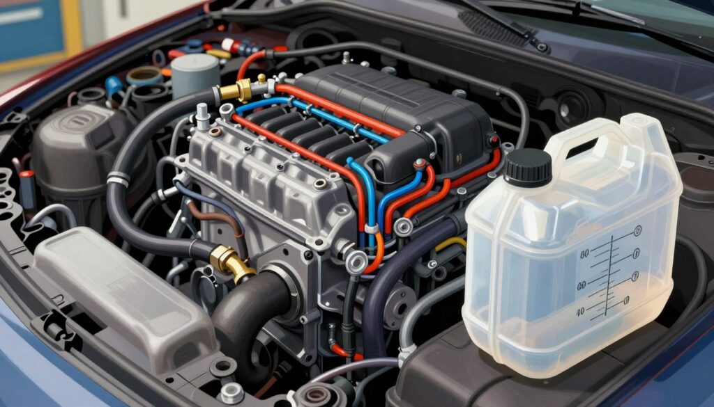 A detailed automotive illustration showcasing a cooling system capacity, appropriate for various vehicle types. In the foreground, feature a transparent coolant reservoir with clear markings for optimal fluid levels, glistening under bright, even lighting. The middle layer should display an engine block and visible hoses, illustrating the complex cooling system, with vibrant colors highlighting the coolant fluid. The background captures a workshop environment with tools and vehicle parts subtly blurred, emphasizing a technical atmosphere. Use a slight downward angle to provide depth, showcasing the intricacies of the cooling system. Overall, maintain a professional, informative mood, emphasizing clarity and precision in automotive mechanics.