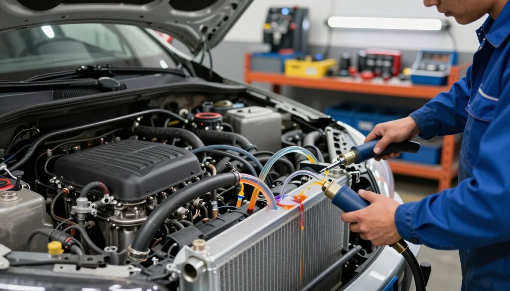 A detailed automotive mechanic workshop setting focused on the process of flushing a cooling system. In the foreground, a mechanic in a blue uniform is using specialized tools to connect a flushing machine to a car's radiator, surrounded by cooling system components and hoses. The middle section shows a close-up of the car's engine bay with vibrant coolant fluid flowing through transparent hoses, revealing the inside of the radiator. In the background, shelves stocked with automotive tools and equipment, illuminated by bright overhead lights, create a professional atmosphere. The overall mood is industrious and focused, with a realistic depth of field, capturing both technical detail and the importance of the service being performed.