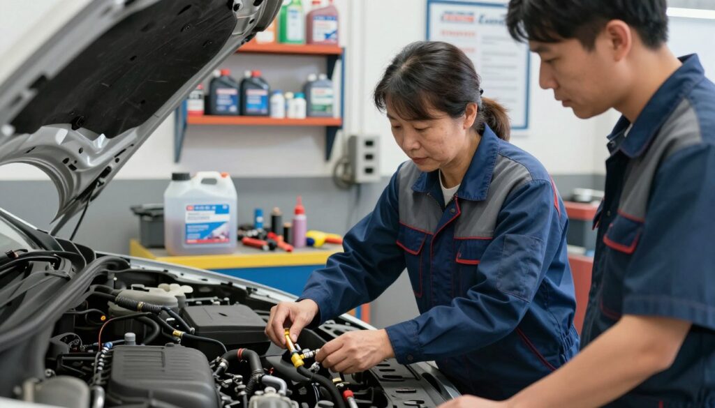 A detailed automotive service scene in a well-lit garage environment, focusing on a mechanic in professional attire examining a vehicle's cooling system. The foreground features the mechanic, a middle-aged woman, carefully checking coolant levels and discussing with a colleague. In the middle ground, various tools are visible on a workbench, alongside a clear container displaying fresh coolant. The background shows shelves with automotive supplies and an informative poster about coolant replacement intervals. Soft, even lighting enhances the focus on the mechanic’s actions, emphasizing the importance of regular maintenance. The atmosphere is professional and informative, highlighting the significance of timely coolant changes in vehicle care.