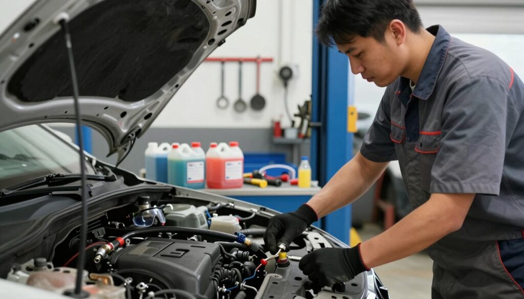A detailed automotive workshop scene featuring a mechanic in modest work attire preparing to drain coolant from a vehicle. In the foreground, the mechanic is focused on an open hood, wearing gloves and using specialized tools to check coolant levels. In the middle ground, various coolant containers and tools are neatly organized on a workbench, with a few hoses and safety goggles prominently displayed. The background showcases a well-lit garage environment, with tools hanging on the walls and a car lift positioned to the side. Soft, bright lighting enhances the safety and professionalism of the setting, creating an atmosphere of diligence and preparation, with a focus on ensuring safety while performing maintenance tasks.