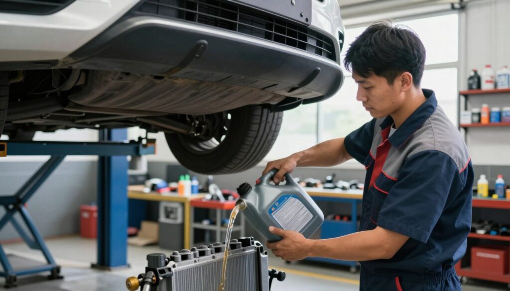 A detailed automotive workshop scene focusing on a mechanic clad in a professional uniform, performing a coolant fluid exchange. In the foreground, the mechanic is holding a coolant container, pouring liquid into the car's radiator. The car, a modern sedan, is on a lift allowing a clear view of the undercarriage. The middle ground features various tools and equipment on a workbench, emphasizing the technical environment. The background shows a well-lit garage with shelves stocked with automotive supplements and parts. Natural daylight streams through a window, creating a bright and professional atmosphere. The angle captures both the mechanic’s concentration and the intricacies of the coolant system. The overall mood is focused, methodical, and industrial.