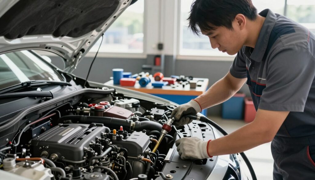 A detailed automotive workshop scene focusing on the safe bleeding of a cooling system. In the foreground, a mechanic in professional attire, wearing gloves, carefully operates a bleeding tool under the hood of a car with the engine visible. The mechanic is concentrating, showcasing precise hand movements. In the middle ground, various automotive tools and parts are neatly arranged on a workbench, reflecting a professional environment. The background features a well-lit garage with a large window allowing sunlight to stream in, enhancing the atmosphere of diligence and safety. The lighting is bright and natural, creating a clean and focused mood, while the angle captures the mechanics' actions from a slightly elevated perspective, ensuring clarity and depth in the image.