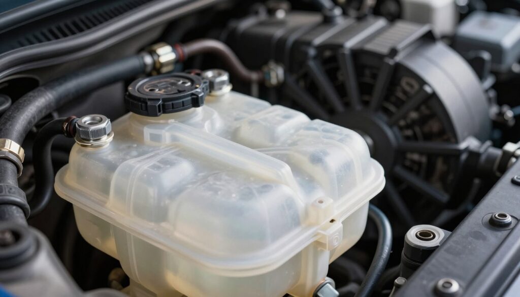 A detailed, close-up image of a car cooling system, focusing on the coolant reservoir and its connections. In the foreground, the coolant reservoir is made of transparent plastic, showcasing the liquid inside, while the background reveals the engine compartment with radiator hoses and a cooling fan. Soft, diffused lighting highlights the liquid's clarity and the surrounding components, creating a professional atmosphere. The angle of the shot captures the intricate details of the fittings and pipes, emphasizing their cleanliness and maintenance. The mood is technical and informative, suggesting meticulous care and precision in the upkeep of automotive systems. No people or logos should be present in the image.