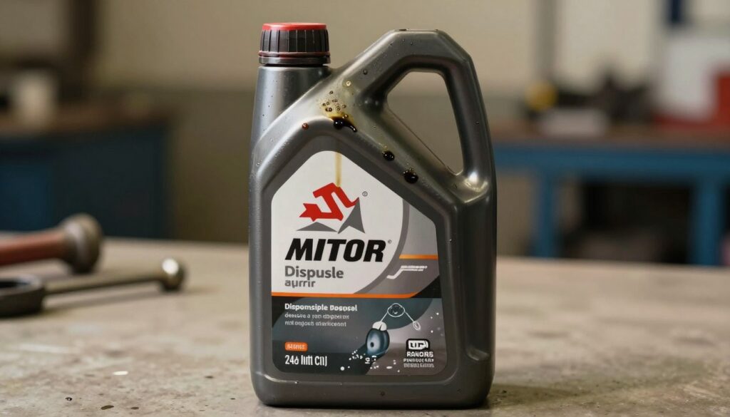 A detailed close-up of a used motor oil bottle, showcasing its distinct shape and labeling, placed on a clean, neutral surface. The bottle is partially empty, with dark oil residues visible inside, reflecting light to highlight the texture. In the background, the image softly blurs to suggest an automotive workshop environment, with subtle hints of tools and a workbench, enhancing the industrial feel. The lighting is warm and focused, creating a sense of importance around the bottle, which symbolizes responsible disposal. The composition should evoke a serious and informative atmosphere, emphasizing the need to dispose of motor oil properly, without any text or identifying marks disrupting the visual.