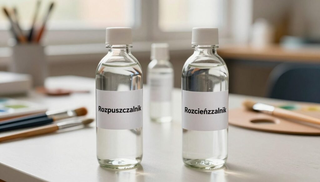 A detailed close-up of two clear glass bottles labeled "Rozpuszczalnik" and "Rozcieńczalnik," placed on a clean, light-colored workbench. The foreground features the bottles with a slight gradient, reflecting light to highlight their curved shapes, casting soft shadows. In the middle ground, paintbrushes and mixing palettes hint at artistic usage, subtly blurred for depth. The background showcases a tidy workspace with art supplies and a window letting in warm, natural light, creating an inviting atmosphere. The overall mood is professional and informative, aimed at educating the viewer about the differences between solvents and thinners, emphasizing clarity and simplicity in presentation.