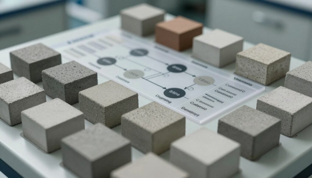 A detailed close-up of various concrete samples, showcasing different classes of concrete labeled in a systematic grid layout. In the foreground, include textured concrete cubes of varying shapes and sizes—each cube represents a distinct class, clearly exhibiting color variations and aggregate types. The middle ground should feature a semi-transparent, labeled diagram illustrating the relationship between concrete classes and ingredient proportions, seamlessly integrated into the scene. The background should be softly blurred, suggesting an industrial laboratory setting with muted lighting that casts gentle shadows, evoking a professional atmosphere. Use a slightly elevated camera angle to enhance depth, focusing on both the samples and the informative visuals. The mood should be serious yet engaging, suitable for educational purposes.