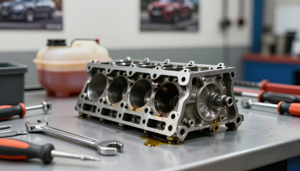A detailed, close-up view of a damaged cylinder head gasket lying on a clean, well-lit mechanic's workbench. The gasket shows visible signs of wear, with cracks and oil residue indicating leakage. In the foreground, a set of precision tools, such as wrenches and screwdrivers, are neatly arranged beside the gasket, enhancing the mechanical context. The middle ground features a blurred image of a coolant reservoir with discolored fluid, representing the contamination commonly associated with a failing gasket. The background presents a softly focused garage setting with automotive posters and tools hanging on the wall, creating a professional atmosphere. Soft, diffused lighting highlights the texture and details of the gasket, evoking a sense of urgency and the importance of mechanical integrity.
