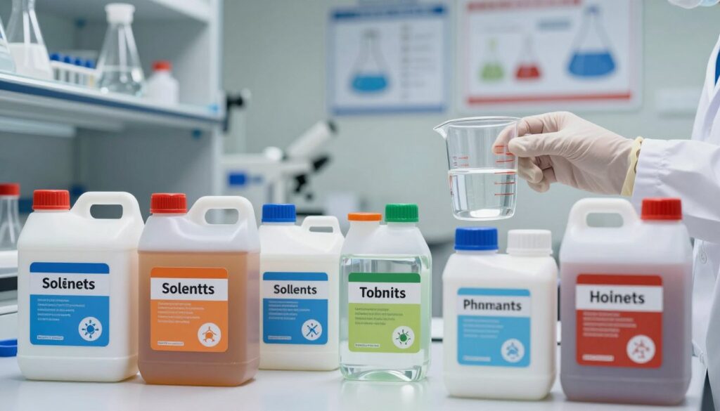 A detailed close-up view of various types of solvents displayed on a clean, organized laboratory workbench. The foreground features an array of solvent containers, each labeled with distinct colors and symbols, showcasing key differences between solvents and thinners. In the middle ground, a pair of gloved hands is carefully handling a measuring cup filled with a solvent, illustrating a safe usage scenario. The background reveals a well-lit laboratory setting with chemical safety posters and neatly arranged glassware, creating an atmosphere of professionalism and safety awareness. Soft, diffused lighting enhances the clarity of the containers, highlighting their features and emphasizing the educational aspect of the image, with a focus on the importance of safe handling and distinguishing characteristics.