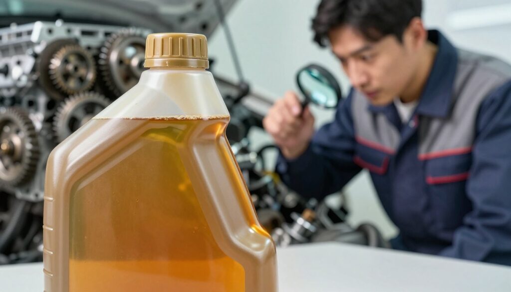 A detailed composition illustrating factors influencing engine oil longevity, depicting a close-up view of engine oil in a transparent container in the foreground. The oil should have varying shades of amber, showcasing its quality. In the middle ground, include a mechanic in professional attire examining the oil with a magnifying glass, highlighting attention to detail. In the background, a blurred engine with gears and parts represents the engine system. Soft, diffused lighting creates a clinical and technical atmosphere, emphasizing the topic's seriousness, while cool color tones convey a sense of precision and reliability. The perspective should be slightly tilted for a dynamic effect, evoking a sense of investigation and analysis.