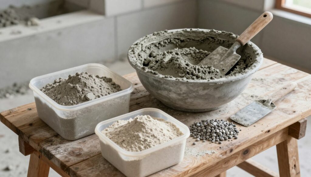 A detailed composition showcasing the key proportions of dry concrete ingredients. In the foreground, a rustic wooden workbench displays carefully measured ingredients: cement, sand, and gravel in separate containers. In the middle ground, a large bowl filled with a well-mixed, dry concrete blend, with a trowel resting beside it to hint at its practical application. The background features a partially constructed structure, emphasizing the use of dry concrete in construction. Soft, natural lighting illuminates the scene, highlighting texture and contrast, suggesting a productive atmosphere. The angle is slightly overhead, focusing on the workbench while capturing the essence of craftsmanship and precision in mixing the ingredients for optimal results.