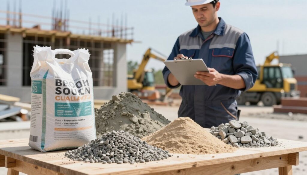A detailed composition showcasing the selection of cement and aggregates in a construction setting. In the foreground, a bag of cement and different types of aggregates—gravel, sand, and crushed stone—are artfully arranged on a wooden palette, with texture and details prominently displayed. The middle ground features a construction worker in professional attire, carefully inspecting the materials with a clipboard, emphasizing focus and diligence. In the background, a partially constructed building and construction machinery softly fade into a bright, clear sky, imparting a sense of a productive work environment. Bright, natural lighting illuminates the scene, enhancing the textures and colors of the materials. The overall atmosphere should convey professionalism and precision, reflecting the importance of selecting the right components for concrete mixing.