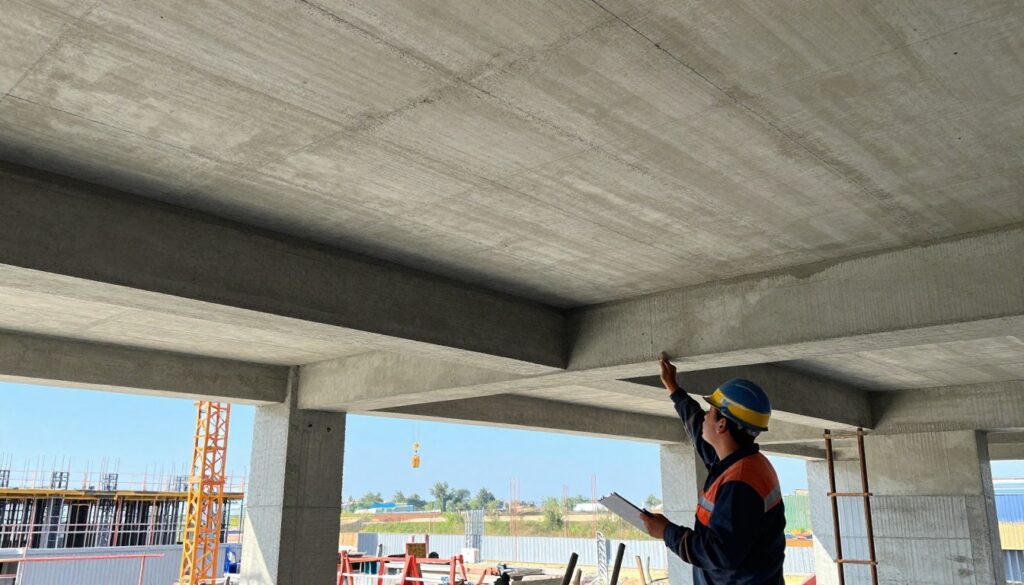 A detailed construction scene illustrating the concrete usage for a Teriva ceiling, focusing on the factors influencing concrete consumption. In the foreground, show a construction worker in professional work attire, inspecting concrete beams and calculating materials on a clipboard. The middle ground features a partially constructed ceiling with visible reinforcing ribs and a layer of fresh concrete, showcasing different concrete depths. In the background, depict a construction site under a clear blue sky, with cranes and building frames. Use natural daylight to highlight textures and elements of the concrete, and employ a slightly elevated angle to capture the full structure. The atmosphere should be one of diligent work and precision in construction efforts.