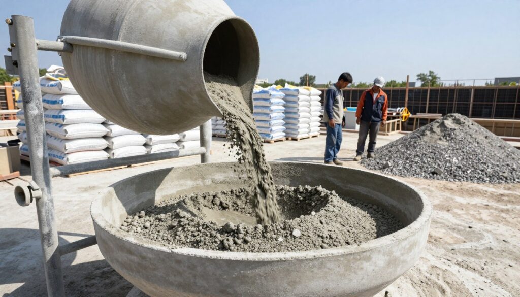 A detailed construction site focused on the process of mixing concrete, with a foreground featuring an industrial concrete mixer filled with a blend of gray cement and aggregates. In the middle ground, two workers in professional construction attire are pouring sand and water into the mixer, demonstrating the step-by-step mixing process. The background shows stacks of raw materials like bags of cement, piles of sand, and gravel, under a clear blue sky, suggesting a bright and productive day. The scene is illuminated by natural sunlight, casting soft shadows for a realistic effect. The angle is slightly elevated, providing a comprehensive view of the entire mixing process while conveying a mood of industriousness and focus. A detailed construction site focused on the process of mixing concrete, with a foreground featuring an industrial concrete mixer filled with a blend of gray cement and aggregates. In the middle ground, two workers in professional construction attire are pouring sand and water into the mixer, demonstrating the step-by-step mixing process. The background shows stacks of raw materials like bags of cement, piles of sand, and gravel, under a clear blue sky, suggesting a bright and productive day. The scene is illuminated by natural sunlight, casting soft shadows for a realistic effect. The angle is slightly elevated, providing a comprehensive view of the entire mixing process while conveying a mood of industriousness and focus.