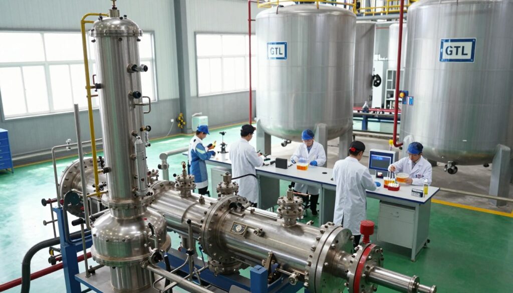 A detailed depiction of GTL oil production technology in a modern industrial setting. In the foreground, showcase a high-tech distillation unit with gleaming metallic surfaces, highlighting its advanced engineering. The middle ground features a clean, organized laboratory where technicians in professional attire are conducting quality control tests on oil samples. In the background, large storage tanks with clear labels and pipes demonstrate the oil processing stage, bathed in bright, natural light filtering through large windows. The atmosphere is one of precision and innovation, evoking a sense of trust and quality in oil production. Capture this scene from a slightly elevated angle, using soft focus to emphasize the technicians and equipment while maintaining a vibrant clarity on the main subject.