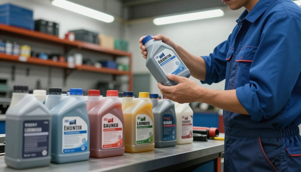 A detailed depiction of a professional mechanic in a clean, well-organized garage, examining different types of coolant fluids spread out on a workbench. In the foreground, the mechanic, dressed in a blue work shirt and durable pants, holds a coolant bottle up to eye level, inspecting its label carefully. The middle area features various coolant containers, each labeled with different specifications and colors, showcasing the importance of choosing the right fluid. In the background, shelves lined with tools and equipment are softly illuminated by overhead fluorescent lights, creating a functional yet inviting atmosphere. The overall mood is focused and technical, emphasizing the careful selection of coolant for vehicle maintenance, with a slight depth of field that draws attention to the mechanic’s actions.