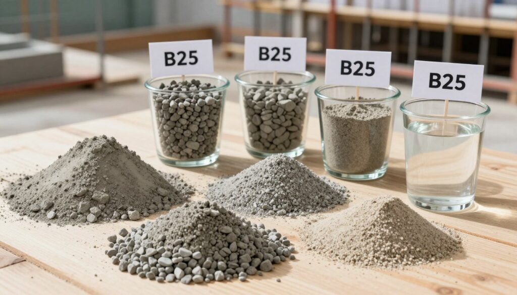 A detailed focus on essential ingredients of a concrete mix, specifically for B25 concrete. In the foreground, showcase piles of gray cement, coarse gravel, fine sand, and clear water, arranged neatly on a wooden surface. In the middle ground, include labeled samples of each ingredient in clear glass containers, allowing for an educational visual comparison. The background features a blurry construction site, hinting at practical applications of the mixture, with natural lighting illuminating the scene from the left, casting soft shadows. Opt for a slightly elevated angle to emphasize texture and details of the materials, creating an informative yet inviting atmosphere that conveys the importance of each element in the concrete-making process. A detailed focus on essential ingredients of a concrete mix, specifically for B25 concrete. In the foreground, showcase piles of gray cement, coarse gravel, fine sand, and clear water, arranged neatly on a wooden surface. In the middle ground, include labeled samples of each ingredient in clear glass containers, allowing for an educational visual comparison. The background features a blurry construction site, hinting at practical applications of the mixture, with natural lighting illuminating the scene from the left, casting soft shadows. Opt for a slightly elevated angle to emphasize texture and details of the materials, creating an informative yet inviting atmosphere that conveys the importance of each element in the concrete-making process.