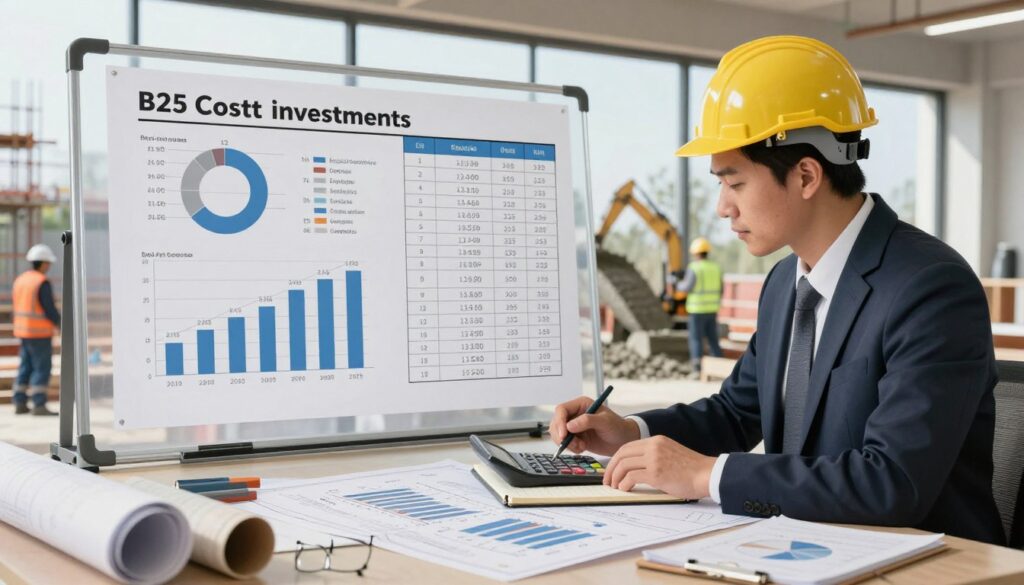 A detailed illustration depicting the methods for calculating the real cost of concrete investments, specifically focusing on B25 concrete. In the foreground, a professional engineer in business attire uses a calculator and notes on a desk filled with blueprints, graphs, and construction materials. The middle ground features a large, transparent board displaying charts and calculations, illuminated by soft overhead lighting that enhances clarity. In the background, a construction site can be seen through a large window, with workers pouring concrete and heavy machinery in action. The overall mood is focused and analytical, with a sense of collaboration and technical precision. The image should be bright and engaging, capturing the essence of cost estimation in construction.