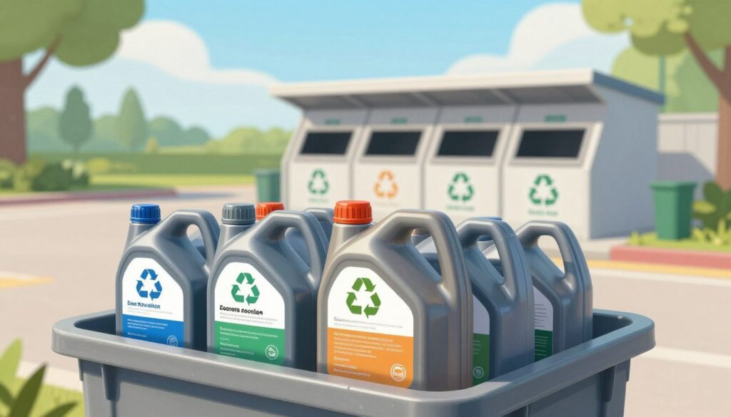 A detailed illustration focusing on the proper disposal and recycling of used motor oil containers. In the foreground, several empty plastic oil containers are arranged in a recycling bin, featuring labels that indicate proper recycling practices. The middle ground shows a clean, organized recycling center with signs for hazardous waste management. In the background, a serene outdoor setting with trees and blue sky symbolizes environmental protection. Soft natural lighting enhances the scene, creating a hopeful and responsible atmosphere. Use a wide-angle lens to encompass both the bins and the recycling center, emphasizing the importance of proper oil container disposal. The image should evoke a sense of duty toward environmental responsibility and sustainability without any text or watermarks.