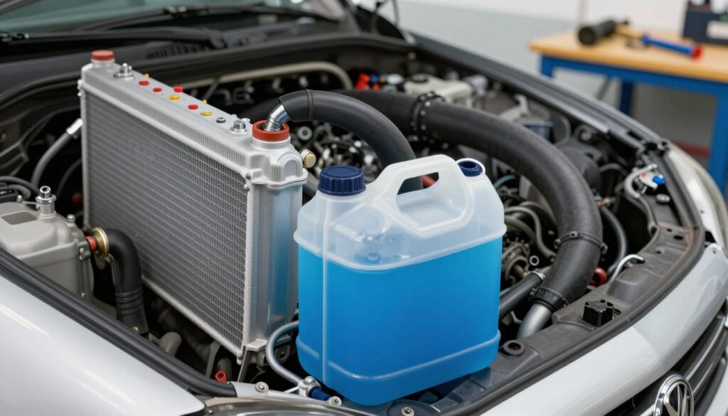 A detailed illustration of a car's cooling system, focusing on the radiator, hoses, and coolant reservoir, depicted in a clean and organized workshop setting. In the foreground, emphasize a clear, transparent coolant reservoir filled with bright blue antifreeze, showing signs of cleanliness and maintenance. The middle ground should feature the interconnected components of the cooling system, including the radiator and hoses, all well-lit in a soft, natural light. The background can include tools and a workbench, enhancing the mechanic's workshop atmosphere. The overall mood should convey a sense of professionalism and technical expertise, inviting the viewer to appreciate the importance of maintaining a clean cooling system for optimal engine performance.