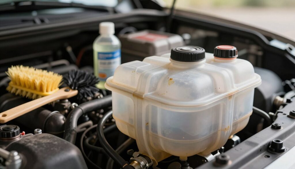 A detailed illustration of a car's cooling system, showcasing the coolant reservoir prominently in the foreground. The reservoir is clear, displaying a slight buildup of residue around the inner walls, emphasizing the importance of cleaning. In the middle ground, a variety of common DIY cleaning tools, such as brushes and vinegar bottles, hint at the potential risks of home cleaning methods. The background features blurred car engine components, softly illuminated by warm overhead lighting to create a focused and informative atmosphere. The angle captures a close-up view to enhance the details of the cooling system, while maintaining a professional, clean aesthetic. The overall mood is cautionary yet educational, highlighting the importance of proper maintenance without damaging components.