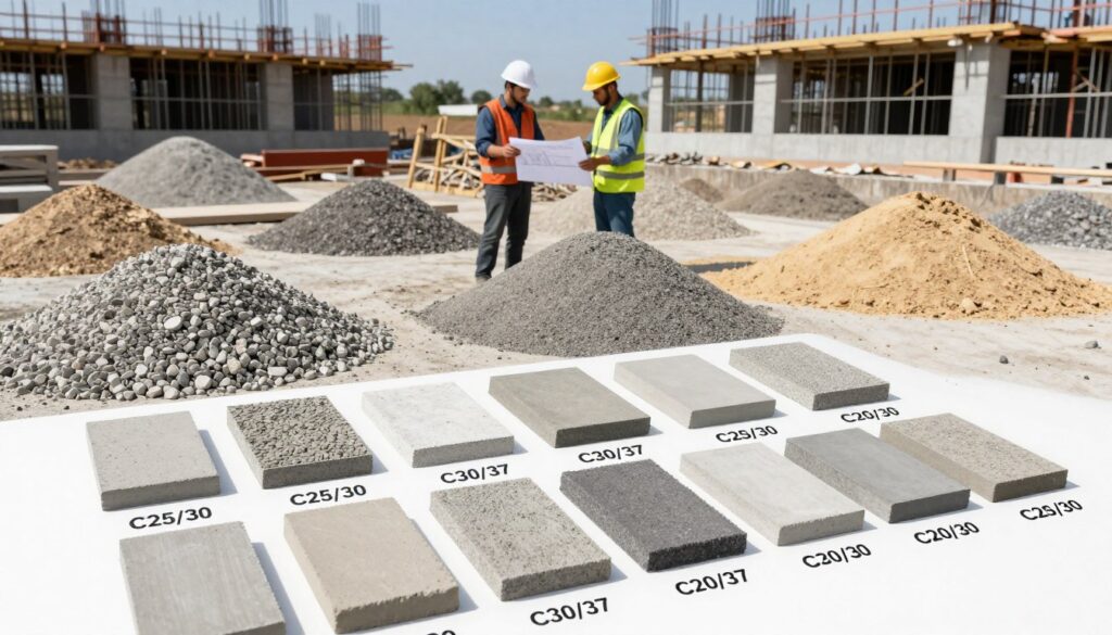 A detailed illustration of concrete grading, showcasing various classes of concrete and aggregates used in construction. In the foreground, display an assortment of concrete samples in different textures and colors, labeled with their respective classes (C25/30, C30/37, etc.). The middle ground features construction workers in professional attire analyzing a blueprint on a construction site, surrounded by piles of different aggregates like gravel, sand, and crushed stone. In the background, a partially constructed building emerges against a clear blue sky, highlighting the importance of concrete quality. The lighting is bright and natural, creating an open and informative atmosphere. The camera angle is slightly elevated, offering a comprehensive view of both materials and construction activity.