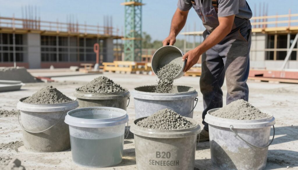 A detailed illustration of concrete proportions for optimal strength, showcasing a typical construction scene. In the foreground, several buckets filled with distinct materials: gray cement, water, coarse aggregate, and fine aggregate, arranged neatly. The middle ground features a skilled construction worker in professional attire measuring the amounts using a scale, carefully pouring the contents into a mixing container. In the background, a construction site with scaffolding and building forms under a bright blue sky, casting soft shadows to enhance depth. Soft natural lighting highlights the textures of the materials, creating a clear, informative atmosphere. The composition emphasizes precision and quality, focusing on the proportions necessary to achieve B20 concrete strength while ensuring clarity and professionalism throughout the scene. A detailed illustration of concrete proportions for optimal strength, showcasing a typical construction scene. In the foreground, several buckets filled with distinct materials: gray cement, water, coarse aggregate, and fine aggregate, arranged neatly. The middle ground features a skilled construction worker in professional attire measuring the amounts using a scale, carefully pouring the contents into a mixing container. In the background, a construction site with scaffolding and building forms under a bright blue sky, casting soft shadows to enhance depth. Soft natural lighting highlights the textures of the materials, creating a clear, informative atmosphere. The composition emphasizes precision and quality, focusing on the proportions necessary to achieve B20 concrete strength while ensuring clarity and professionalism throughout the scene.