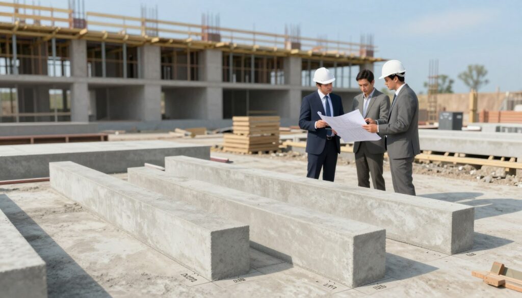 A detailed illustration of construction volume calculations. In the foreground, various concrete construction elements such as beams, slabs, and columns are prominently displayed, accurately labeled with measurements. The middle ground features a construction site with professionals in business attire analyzing blueprints and using calculators, indicative of a collaborative work environment. The background consists of a partially completed building structure under a clear blue sky, emphasizing the scale of construction work. Soft natural lighting enhances the scene, creating a professional and focused atmosphere. The perspective is slightly elevated, capturing both the foreground elements and the broader construction site to convey the complexity of calculating concrete volume.