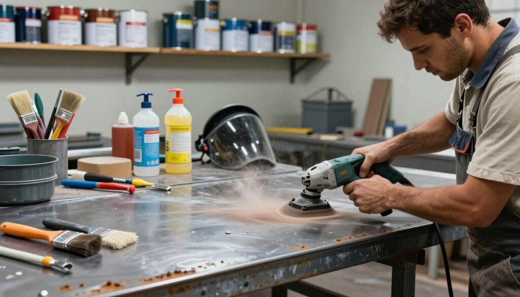 A detailed illustration of metal surface preparation for painting, showcasing a workshop setting. In the foreground, a skilled worker in professional attire is sanding and cleaning a rusty metal surface with a power tool, showing dynamic motion and concentration. In the middle ground, various tools and materials are arranged, including brushes, solvents, and protective gear, creating an organized yet busy atmosphere. The background features a wall filled with shelves of paint cans and containers labeled with safety information. The scene is well-lit, highlighting the textures of the metal and dust particles in the air, suggesting a sense of professionalism and diligence. The atmosphere is focused and industrious, emphasizing the importance of proper surface preparation before painting.
