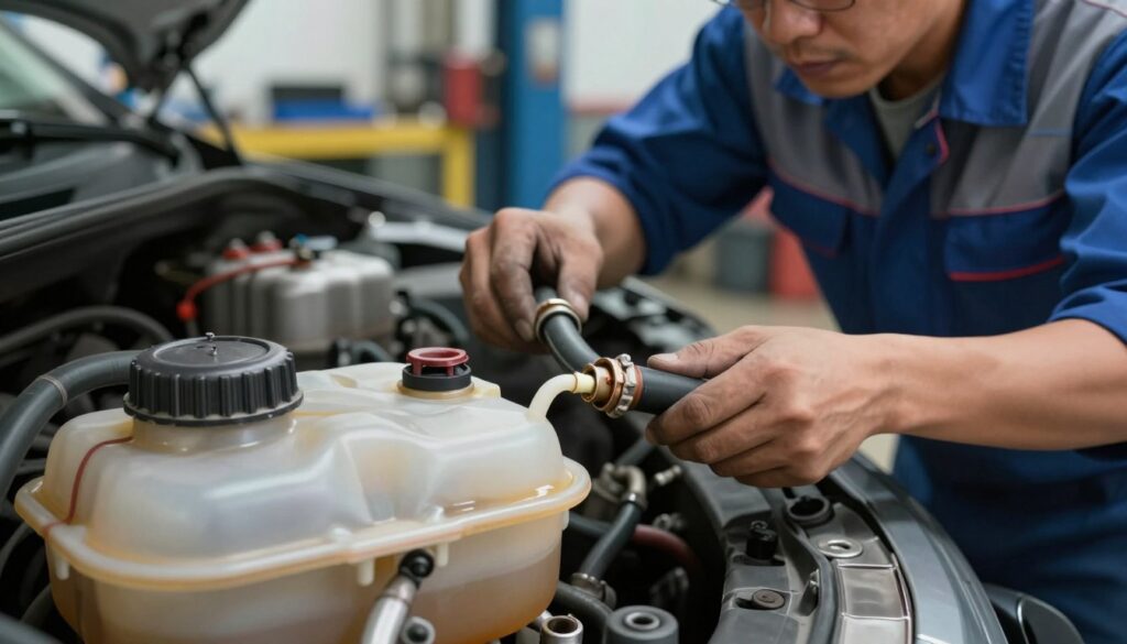 A detailed illustration of the causes of coolant loss in a car, focusing on various elements related to car maintenance. In the foreground, depict a close-up view of a coolant reservoir with a slightly open cap, with coolant fluid visibly low. In the middle ground, show a mechanic in professional attire examining hoses and connections, highlighting areas where leaks could occur, like worn-out hoses or corroded connections. In the background, include a dimly lit garage environment with car tools and parts scattered around, emphasizing a diagnostic workspace. Use soft lighting to create a serious yet focused atmosphere, with a slight depth of field to draw attention to the coolant reservoir and mechanic at work.