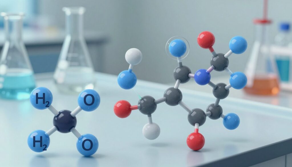 A detailed illustration of the mechanism of water dissolving ionic and polar substances. In the foreground, depict water molecules (H₂O) with clear visual representations of their polar nature, showcasing the distinct arrangement of hydrogen and oxygen atoms. In the middle, visualize ionic compounds like sodium chloride (NaCl) dissociating into ions, surrounded by water molecules, demonstrating hydration shells forming around these ions. The background should subtly feature a laboratory setting with various laboratory glassware, creating an academic atmosphere. Use soft, natural lighting to enhance clarity and focus on the molecular details, while maintaining a calm and informative mood. Capture the scene from a slightly angled perspective to provide depth, emphasizing the interaction between water and dissolved substances. A detailed illustration of the mechanism of water dissolving ionic and polar substances. In the foreground, depict water molecules (H₂O) with clear visual representations of their polar nature, showcasing the distinct arrangement of hydrogen and oxygen atoms. In the middle, visualize ionic compounds like sodium chloride (NaCl) dissociating into ions, surrounded by water molecules, demonstrating hydration shells forming around these ions. The background should subtly feature a laboratory setting with various laboratory glassware, creating an academic atmosphere. Use soft, natural lighting to enhance clarity and focus on the molecular details, while maintaining a calm and informative mood. Capture the scene from a slightly angled perspective to provide depth, emphasizing the interaction between water and dissolved substances.