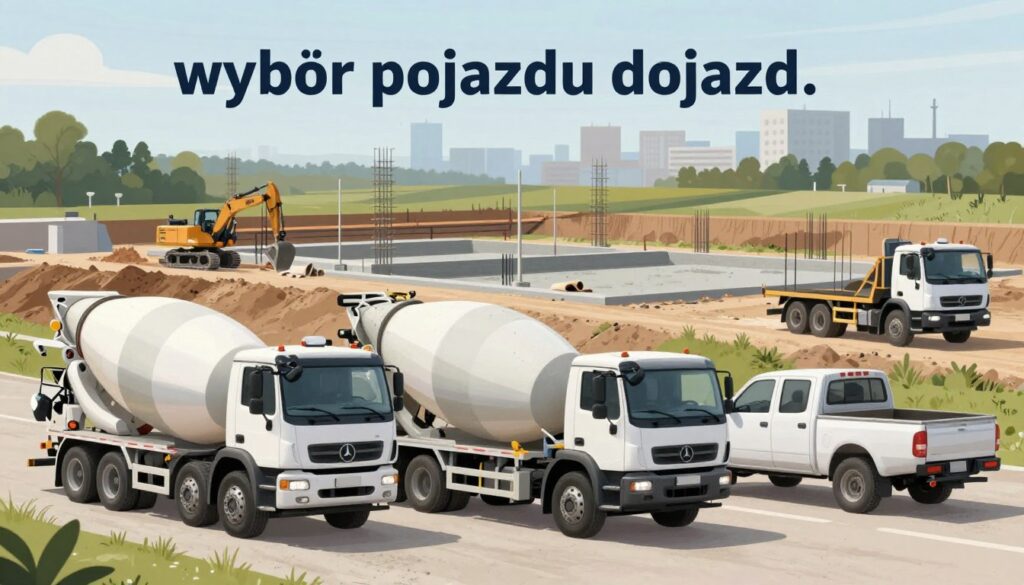 A detailed illustration showcasing the selection of vehicles for concrete transportation, focused on the concept of "wybór pojazdu dojazd." In the foreground, depict various types of vehicles, including a concrete mixer truck, a flatbed truck, and a pickup truck, all positioned as if they are ready for loading. The middle ground should feature a construction site with visible concrete forms and machinery, emphasizing the context of construction. In the background, include a cityscape or rural setting to convey the idea of distance and accessibility. Use soft, natural lighting to create a realistic atmosphere, with a slight overcast sky to imply an active workday. The mood should be professional and industrious, highlighting careful planning and efficient logistics in vehicle selection.