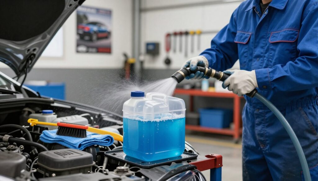 A detailed image of a car's coolant reservoir being cleaned. In the foreground, a technician wearing a blue jumpsuit and gloves is holding a hose, spraying water inside a transparent coolant tank, which is half filled with a vibrant blue fluid. In the middle ground, a workbench is scattered with cleaning tools, such as brushes, rags, and a container of coolant cleaner. The background features a well-lit garage with automotive posters and tools hanging on the wall, creating a professional atmosphere. Soft, natural lighting highlights the technician’s focused expression and the clarity of the coolant tank. The shot is taken from a slight low angle to emphasize the technician's actions and the cleanliness of the workspace.