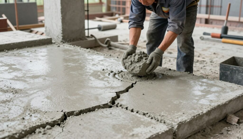 A detailed image showcasing the common mistakes in concrete quality. In the foreground, a cracked concrete slab is visible, highlighting issues like uneven curing and poor mixing. The middle ground features a construction worker in professional attire, examining a batch of improperly mixed concrete with a concerned expression. The background depicts a construction site with various concrete forms and tools, under a soft natural light that creates a calm yet focused atmosphere. Capture the nuances of texture in the concrete surfaces and emphasize the contrast between quality and defects. The overall mood should reflect a sense of seriousness and attention to detail, showcasing the importance of proper concrete preparation.
