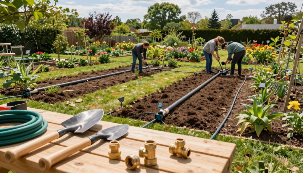 A detailed landscape showing the layout of garden installations, focusing on irrigation systems and lighting setups. In the foreground, close-up views of various tools like shovels and hose fittings, neatly arranged on a wooden workbench. The middle ground features a well-planned garden with clearly marked rows for planting, with soft soil being prepared. Include workers in modest casual attire, carefully positioning pipes and cables for irrigation systems, showcasing collaboration and careful planning. In the background, a vibrant garden emerging under a sunny sky, with trees and flower beds in full bloom. The lighting is bright and natural, creating an inviting atmosphere that emphasizes growth and organization. Use a wide-angle lens to capture the interconnectedness of the installations and the garden’s layout.