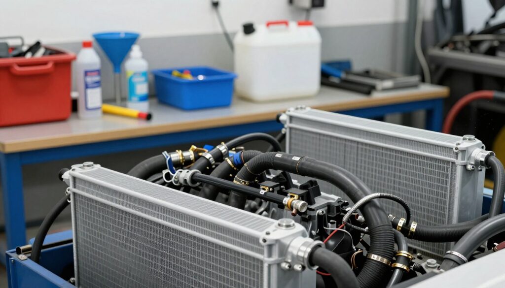 A detailed mechanic's workspace featuring a car's cooling system prominently displayed in the foreground. The image showcases various components such as the radiator and hoses, intricately arranged with visible connections and labels for clarity. In the middle ground, tools like a funnel, container for fluid drainage, and cleaning solutions are neatly organized on a workbench. The background features a well-lit garage with subtle shadows, enhancing the atmosphere of a professional setting. The lighting is bright, emulating a clean and efficient environment. The image conveys an air of diligence and precision, ideal for showcasing the cooling system flushing process. No people are present in the scene, ensuring focus remains solely on the cooling system components.