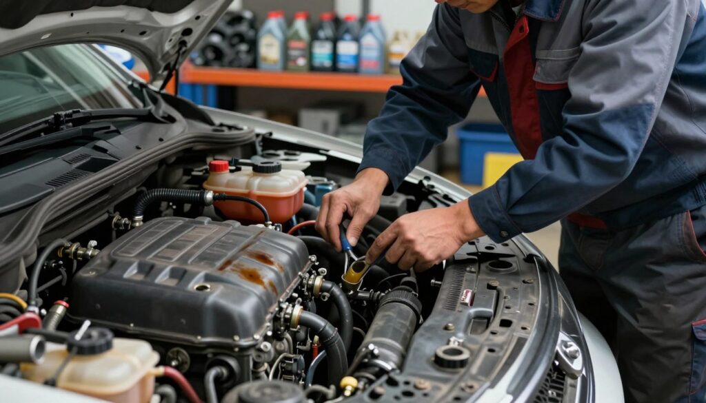 A detailed mechanic's workspace illustrating the causes of coolant loss. In the foreground, a close-up of an open car hood revealing the engine, with visible coolant stains and a partially drained reservoir. Tools are scattered, including a wrench and a funnel. In the middle, a mechanic in professional attire examines the coolant system, pointing to potential leak sources such as hoses and gaskets. In the background, shelves filled with car parts and bottles of coolant create a workshop atmosphere. Soft, focused lighting highlights the details of the engine and coolant system, conveying a sense of diligence and problem-solving. The mood is serious and technical, emphasizing the importance of maintaining optimal coolant levels.