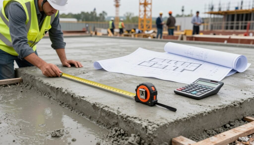 A detailed, realistic scene illustrating concrete flooring volume calculations. In the foreground, a large construction setup with a freshly poured concrete slab, showcasing measurement tools like a tape measure and a digital calculator beside it. On the left, a professional wearing a hard hat and safety vest, attentively measuring the slab with a measuring tape. In the middle ground, a blueprint of building designs spread out on a table, with dimensions clearly marked. The background features a bustling construction site with cranes and workers in business attire, symbolizing a professional atmosphere. Soft, natural lighting highlights the textures of the wet concrete and blueprints, while a shallow depth of field focuses attention on the measurement tools, creating an informative yet engaging mood.
