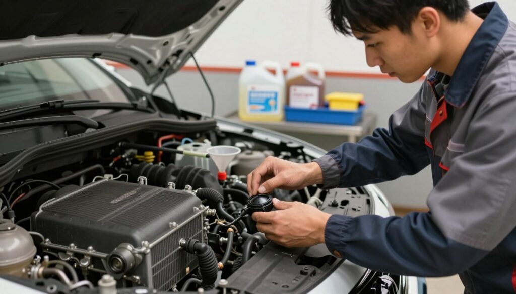 A detailed scene depicting the coolant fluid replacement procedure under the hood of a car. In the foreground, a mechanic in a professional work uniform is carefully removing the radiator cap, showcasing the importance of safety during the process. The middle ground features a well-organized workspace with tools like a coolant drainage pan, funnel, and containers labeled for old and new coolant, emphasizing an orderly approach. In the background, a neat garage environment with soft, warm lighting illuminating the area creates a calm atmosphere. The angle captures the mechanic's focused expression, reflecting diligence and professionalism, with a slight depth of field effect to draw attention to the interaction between the mechanic and the vehicle components.