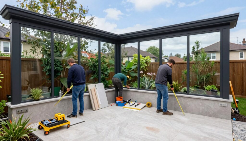 A detailed scene depicting the costs associated with the construction and interior finishing of a winter garden. In the foreground, showcase a modern winter garden under gentle, natural lighting; the structure features extensive glass walls showcasing greenery. Include skilled professionals in smart casual attire engaged in various tasks, such as measuring and installing fittings. The middle ground should present tools and materials like tiles, plants, and construction equipment, organized neatly. In the background, hint at a serene residential neighborhood with trees and a clear blue sky. The atmosphere should convey professionalism and a sense of tranquility, highlighting the balance between nature and the architectural elements of the winter garden.