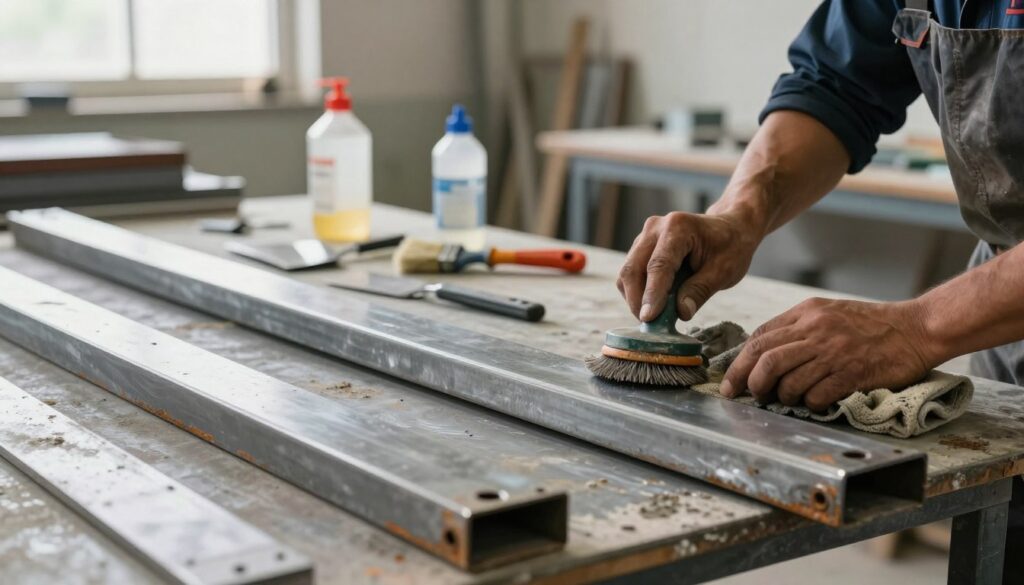 A detailed scene showcasing metal surfaces being prepared for painting. In the foreground, a close-up of various metal pieces, such as beams and panels, with visible rust and dirt, indicating the need for preparation. A worker is seen in professional work attire, using a wire brush and cloth to clean the surfaces—depicting action and focus. In the middle ground, tools like paint scrapers, brushes, and solvent containers are arranged neatly, suggesting an organized workspace. The background features a slightly blurred workshop environment with bright, natural lighting filtering through windows, casting soft shadows. The atmosphere is industrious and focused, emphasizing the importance of proper surface preparation before painting, ensuring a durable end result.