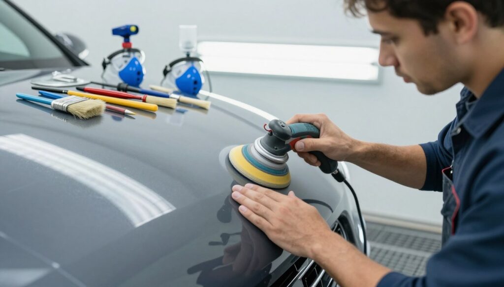 A detailed scene showcasing the preparation of a car surface before applying paint. In the foreground, a skilled technician in professional work attire is meticulously sanding a vehicle's surface with a handheld sander, emphasizing their concentration and expertise. In the middle ground, various tools such as brushes, sandpaper, and spray masks are neatly arranged on a workbench, indicating the process involved. The background features a clean garage environment with bright fluorescent lighting that highlights the glossy surface of the car. The image captures a focused, industrious atmosphere, showcasing the critical steps in surface preparation for automotive painting. Ideal lighting enhances the texture of the car surface and the tools, conveying professionalism and precision in the work being performed.