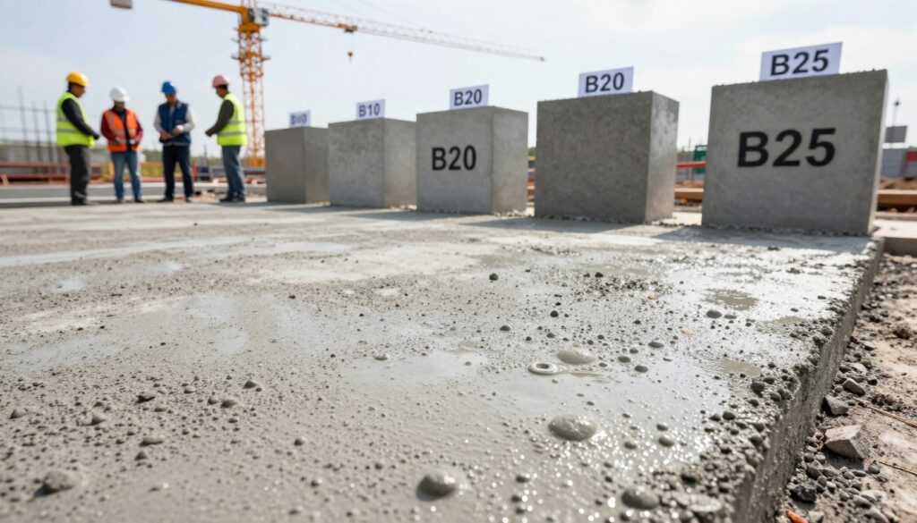 A detailed scene showcasing various classes of concrete, specifically highlighting B25 strength. In the foreground, display a textured, wet concrete slab with visible aggregate and bubbles, emphasizing its robust nature. The middle ground includes different concrete types arranged neatly, labeled by their grades like B10, B20, and B25, each with distinct visual characteristics to signify their use in construction. The background features a construction site with cranes and workers in professional attire, assessing materials under bright, natural lighting. Use a wide-angle lens to capture the entire composition, creating a sense of depth. The overall mood should be industrious and informative, showcasing the significance of concrete classes in structural construction.