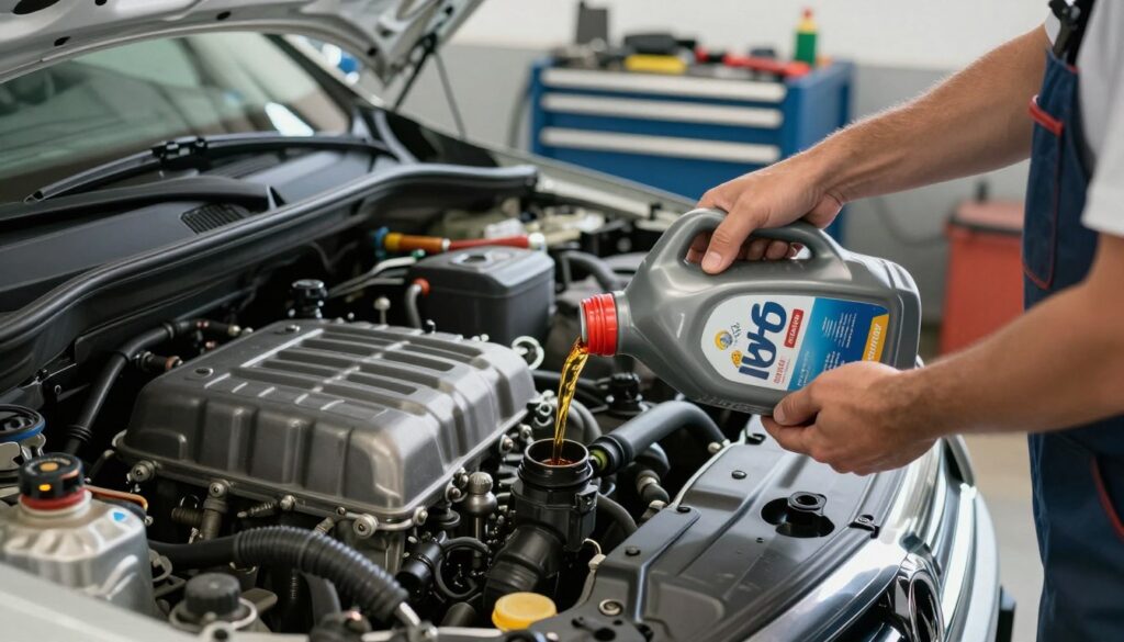 A detailed step-by-step process of safely adding engine oil to a car, prominently displaying a clean engine bay with various tools. In the foreground, a person in professional attire, carefully holding an oil bottle, pours oil into the engine's oil filler cap. Their face reflects concentration and care. In the middle, the engine compartment is neatly organized, with clear visibility of all components, including the oil dipstick and oil filler cap. The background features a workshop environment with tools and a soft-focus on a mechanic's toolbox. Soft, natural lighting illuminates the scene, highlighting the shiny metal of the engine and the rich color of the oil. The atmosphere is calm and professional, emphasizing safety and precision. A detailed step-by-step process of safely adding engine oil to a car, prominently displaying a clean engine bay with various tools. In the foreground, a person in professional attire, carefully holding an oil bottle, pours oil into the engine's oil filler cap. Their face reflects concentration and care. In the middle, the engine compartment is neatly organized, with clear visibility of all components, including the oil dipstick and oil filler cap. The background features a workshop environment with tools and a soft-focus on a mechanic's toolbox. Soft, natural lighting illuminates the scene, highlighting the shiny metal of the engine and the rich color of the oil. The atmosphere is calm and professional, emphasizing safety and precision.