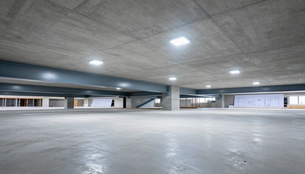 A detailed view of a concrete ceiling (beton strop) in a modern construction site. In the foreground, a smooth, finished concrete surface glistens under bright, overhead LED lights, showcasing fine texture and structural strength. In the middle ground, sturdy steel beams are partially visible, emphasizing the support structure. The background features a construction layout with blueprints displayed on a table, highlighting the planning phase. The atmosphere is industrious and professional, with soft shadows creating depth. Use a wide-angle lens for a dynamic perspective. The light should be bright and even, enhancing the contrasts in the textures, and the overall color palette should be cool tones, predominantly greys and subtle blues.