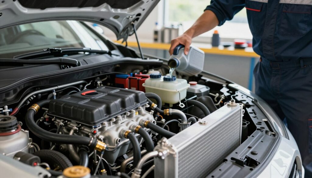 A detailed visualization of a car's cooling system, focusing on the intricate parts assembled within the engine bay. In the foreground, prominently feature a polished aluminum radiator with tubes and hoses connected, showcasing fluid flow. In the middle ground, depict a close-up view of a technician in professional business attire, carefully pouring coolant into a reservoir, emphasizing precision and safety. The background should reveal a well-lit garage environment, with tools and automotive parts neatly arranged, and a blurred outline of a car hood raised above. Ensure soft, natural lighting conveys a sense of calm professionalism, highlighting the importance of maintaining a well-functioning cooling system. The atmosphere should be focused and informative, capturing the essence of careful coolant management.