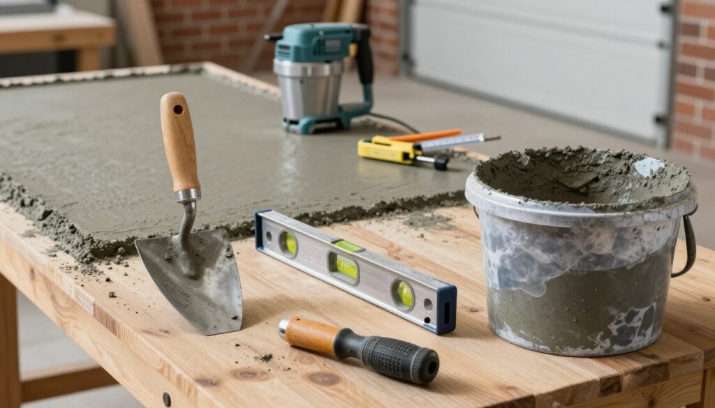A detailed workspace for preparing a concrete surface, featuring essential tools neatly arranged on a sturdy wooden workbench. In the foreground, include a high-quality trowel, a level, and a mixing bucket filled with concrete, showcasing their textures and materials. The middle ground displays a partially smoothed concrete slab, with a power mixer and measuring tools in the background. The setting is well-lit with overhead soft lighting, casting gentle shadows and highlighting the tools' metallic sheen. The background features a tidy garage scene with brick walls and concrete flooring, creating a professional atmosphere. The overall mood is focused and industrious, emphasizing precision and craftsmanship in preparing a concrete surface. A detailed workspace for preparing a concrete surface, featuring essential tools neatly arranged on a sturdy wooden workbench. In the foreground, include a high-quality trowel, a level, and a mixing bucket filled with concrete, showcasing their textures and materials. The middle ground displays a partially smoothed concrete slab, with a power mixer and measuring tools in the background. The setting is well-lit with overhead soft lighting, casting gentle shadows and highlighting the tools' metallic sheen. The background features a tidy garage scene with brick walls and concrete flooring, creating a professional atmosphere. The overall mood is focused and industrious, emphasizing precision and craftsmanship in preparing a concrete surface.