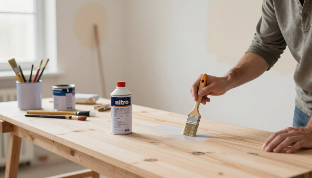 A detailed workspace scene featuring a professional painter applying nitro solvent to a wooden surface, showcasing its use in painting and renovation. In the foreground, focus on the painter, dressed in modest casual clothing, using a brush to apply the solvent, with a can of nitro solvent nearby, labeled and clearly visible. The middle ground includes a cluttered workbench with paint cans, brushes, and tools, creating a sense of an active project. In the background, a well-lit room shows partially restored walls with fresh coats of paint, emphasizing the transformation process. Utilize soft, natural lighting to create an inviting atmosphere, highlighting the textures of the wood and the tools. The composition should have a warm, industrious feel, emphasizing craftsmanship and care in the renovation process.