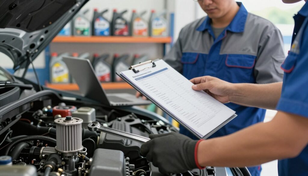 A dynamic composition depicting the various factors influencing the price of motor oil change services. In the foreground, a detailed close-up of engine components, such as an oil filter and a wrench, shows the mechanics at work. In the middle ground, a service worker in professional attire examines oil types and prices displayed on a clipboard or a laptop, highlighting the costs involved. The background features shelves filled with oil canisters in different brands and sizes. Soft, natural lighting illuminates the scene, creating a clean and organized workshop atmosphere. Focus on clarity and detail, suggesting a sense of professionalism and technical expertise. The overall mood is informative and focused, providing insight into the complexities of service pricing.
