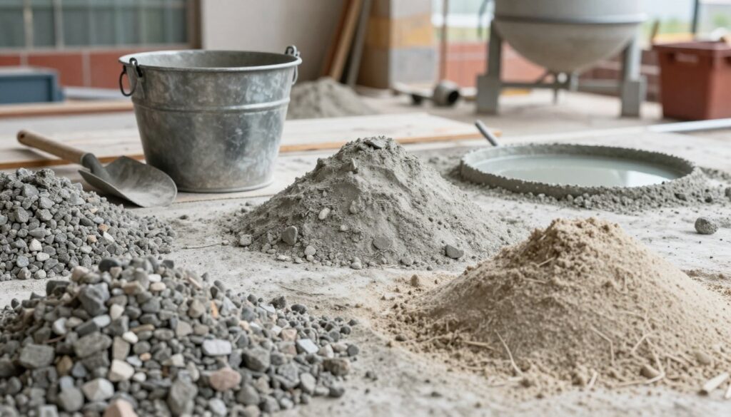 A finely detailed close-up of essential concrete ingredients for B20 mix, including coarse aggregate, fine aggregate, cement, and water, arranged in separate piles on a construction site. In the foreground, vibrant textures of the materials display the roughness of gravel and the smoothness of sand. The middle ground features a metal mixing bucket and a shovel resting on a rustic wooden surface, while in the background, a blurred view of construction tools and a concrete mixer under soft natural daylight creates an atmospheric setting. The overall mood is industrious and professional, emphasizing the precision and care involved in creating a concrete mix. The image should be well-lit, highlighting the colors and textures, captured with a shallow depth of field to create an inviting and informative perspective.